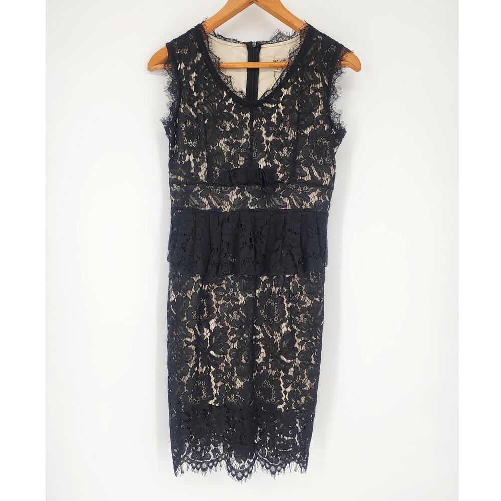 Metisu Black Lace Overlay Sheath Dress with Ruffle & Bow Women’s Size Small